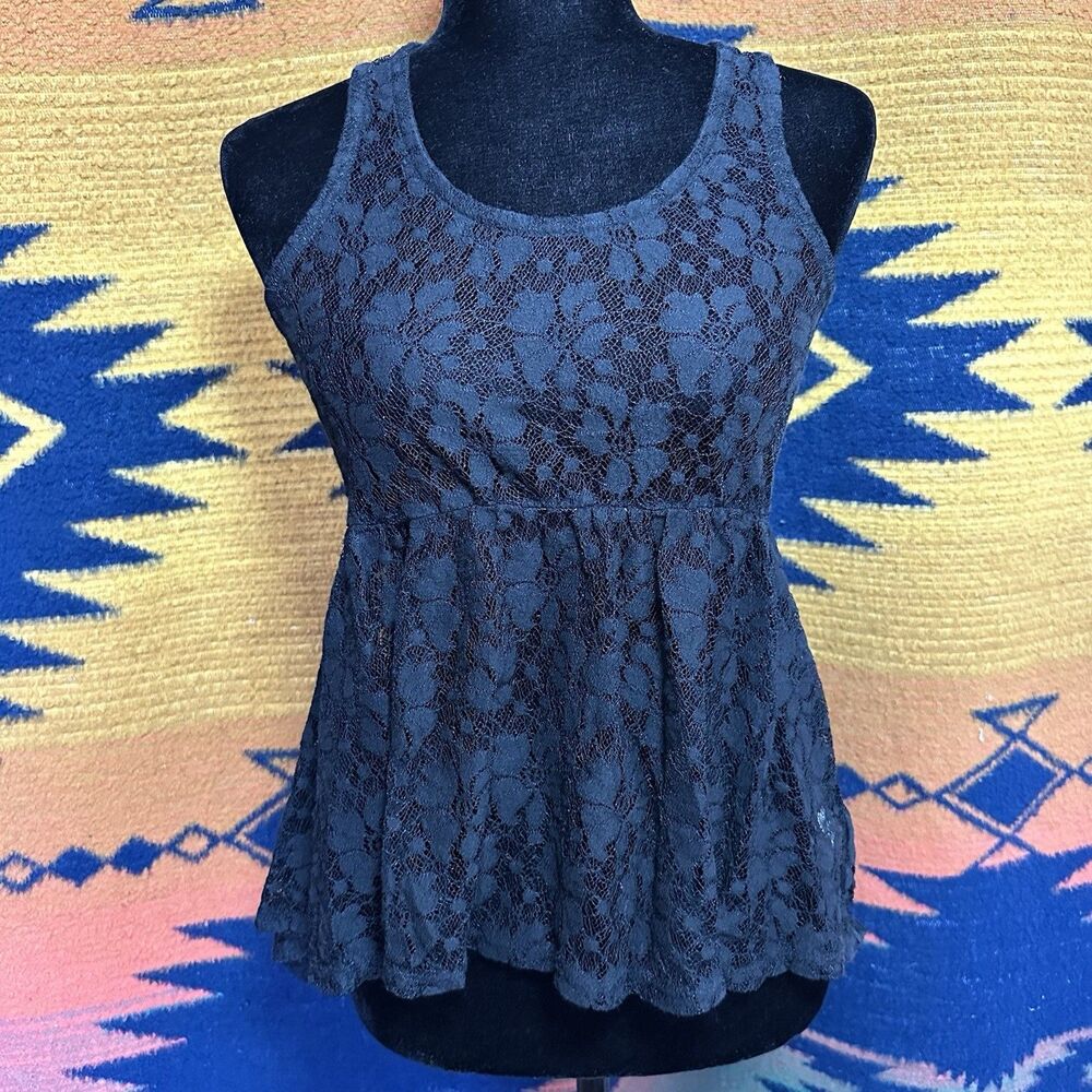 Y2K Mudd Black Lace Peplum Tank Blouse. Sheer. Babydoll. Whimsygoth. Medium.